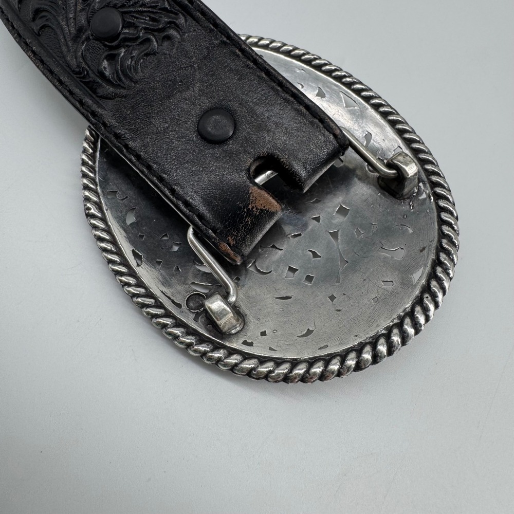 Tony Lama Size 34 Ornate Silver Scroll Buckle Black Cutout Western Belt - Picture 10 of 10